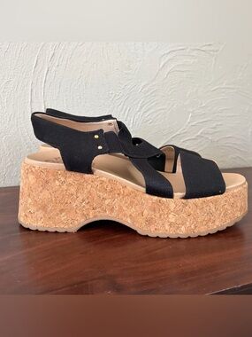 Dr Schools Black Strappy Canvas Platform Wedge Cork Sandals Womens Size 8.5
